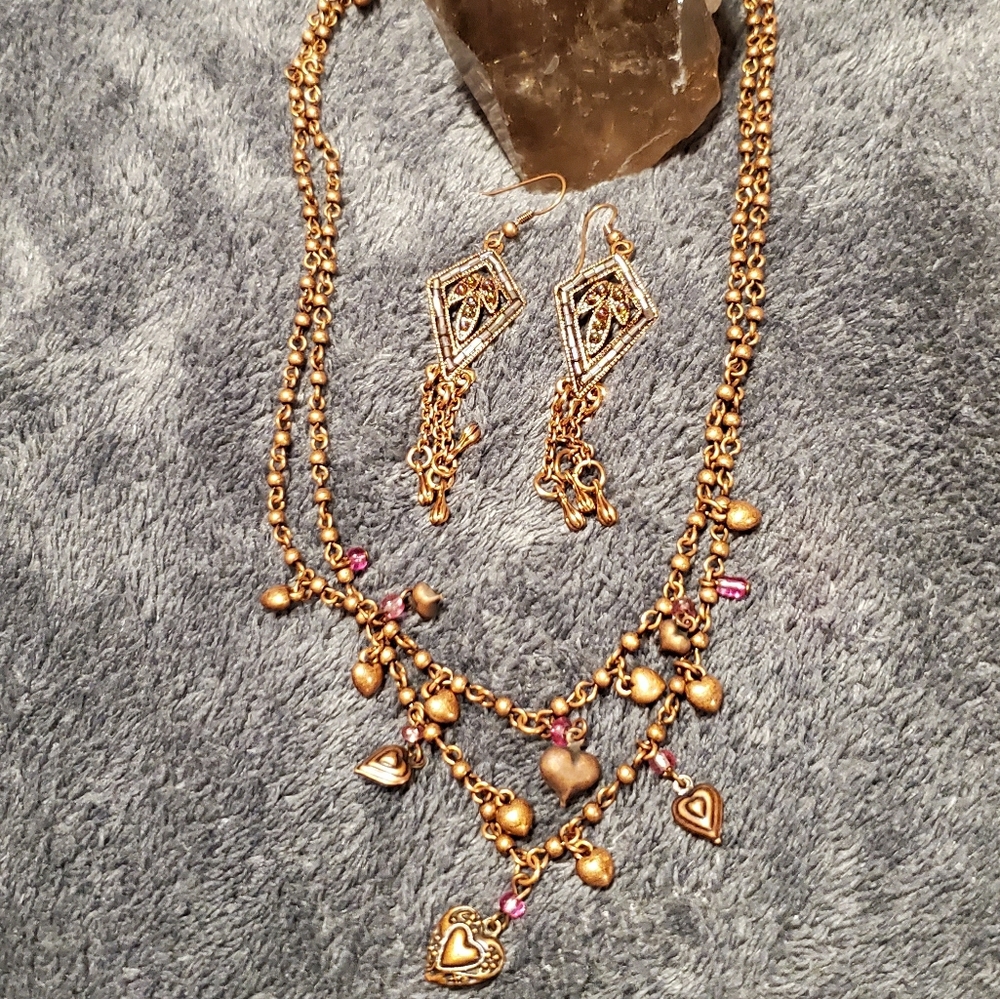 Heart Necklace & Diamond Shaped Beaded Dangle Earr